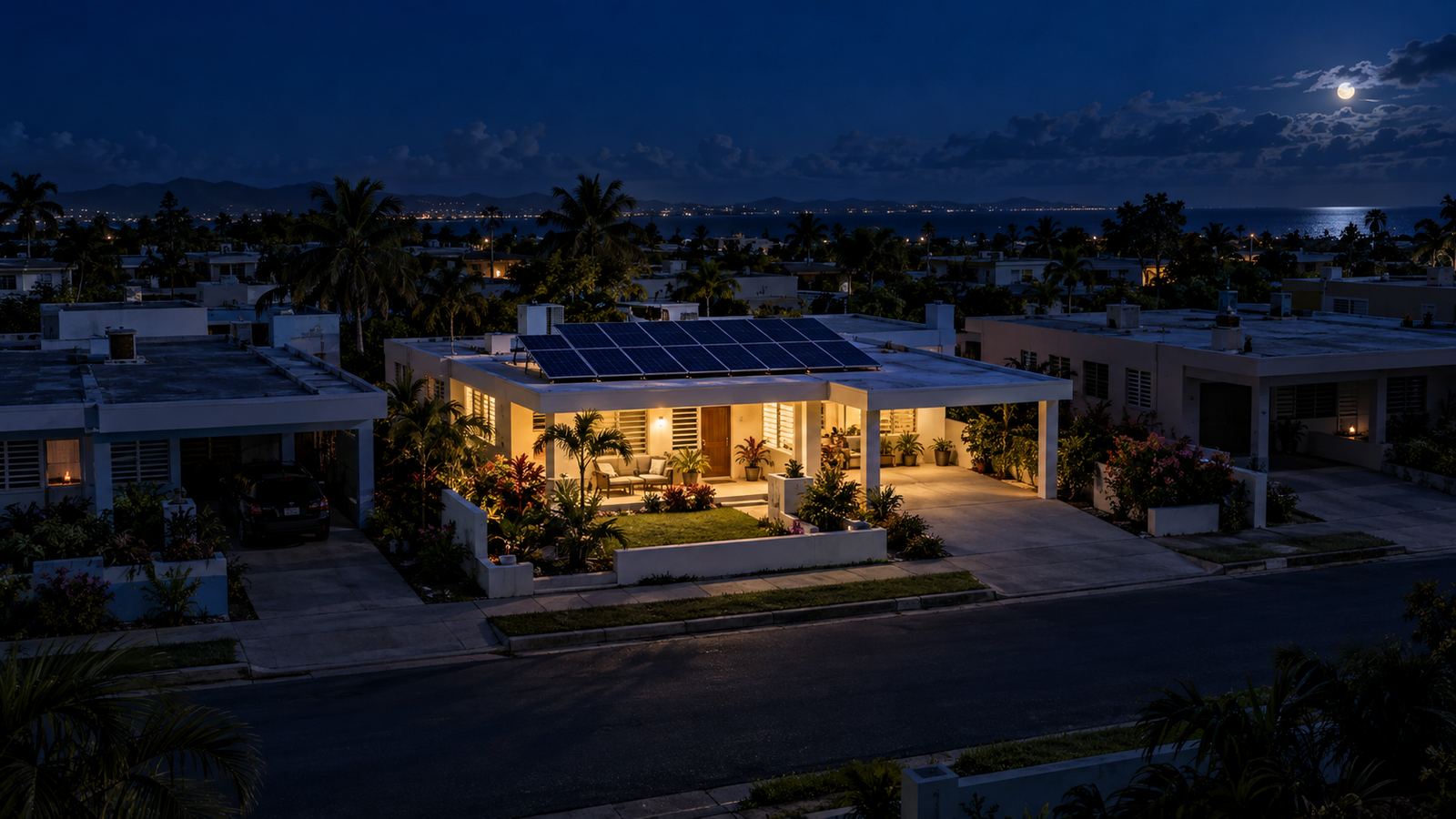 Urbanización en Puerto Rico de noche durante un apagón: la casa con placas solares y batería tiene luz mientras los vecinos usan velas
